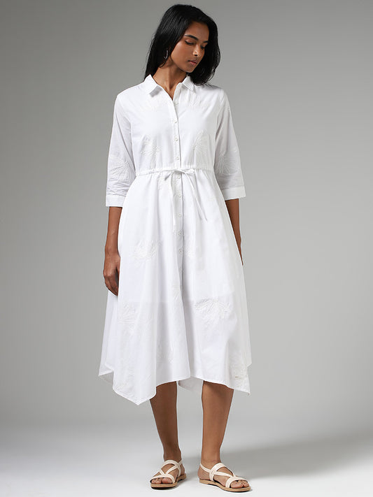 LOV White Sequin Embroidered Buttoned Down Dress