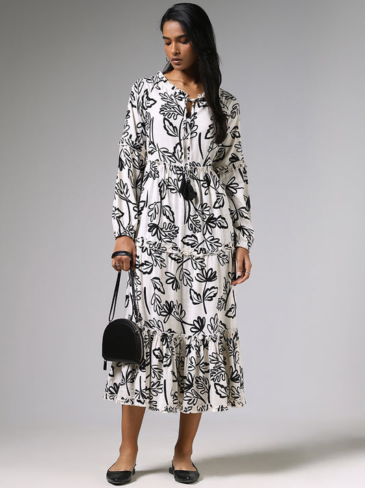 LOV Off White Leaf Printed Tiered Dress