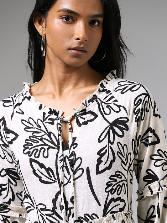 LOV Off White Leaf Printed Tiered Dress