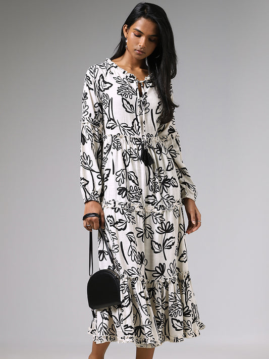LOV Off White Leaf Printed Tiered Dress
