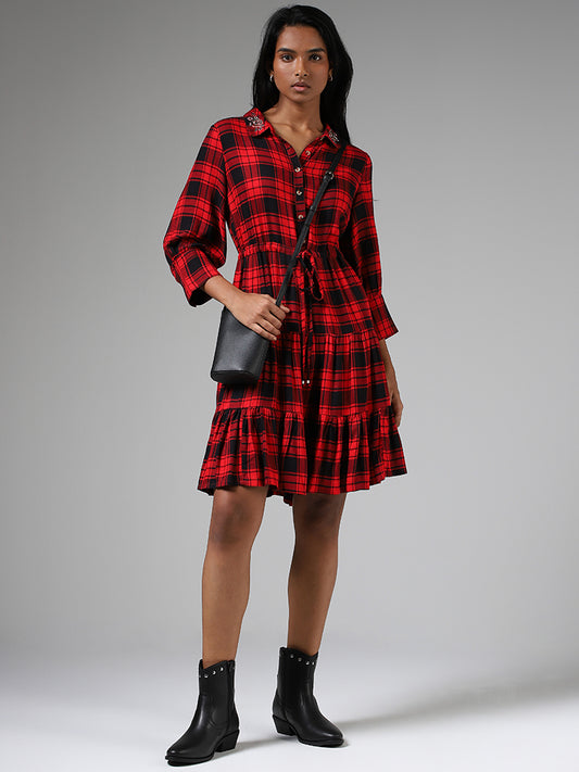 LOV Red Checked Tiered Dress