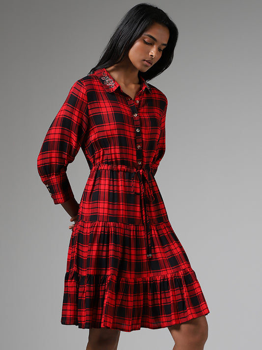 LOV Red Checked Tiered Dress