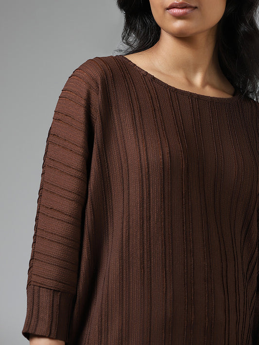 LOV Chocolate Brown Self-Striped Top