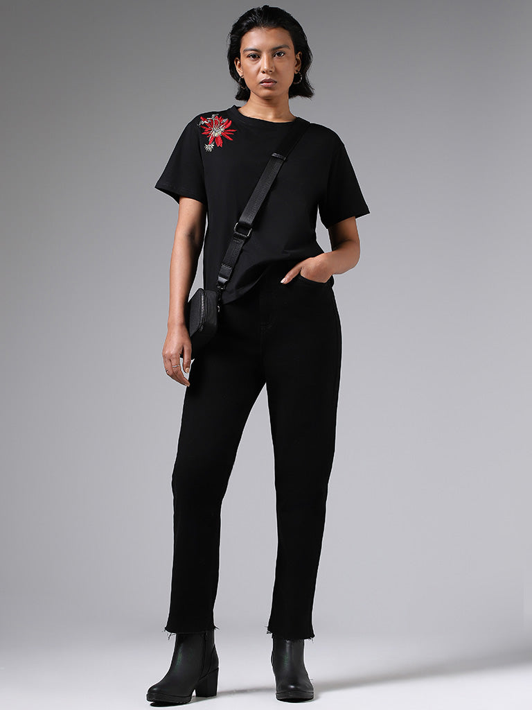 LOV Floral Embroidered Black T-Shirt