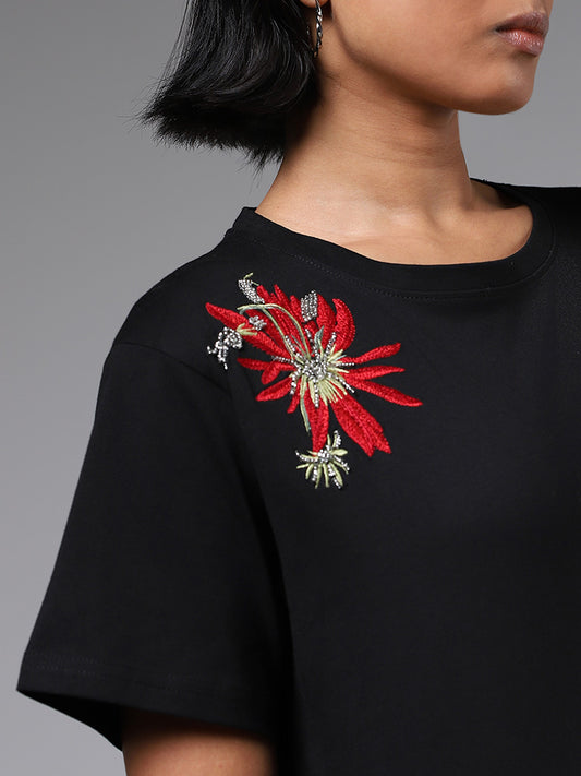 LOV Floral Embroidered Black Cotton T-Shirt