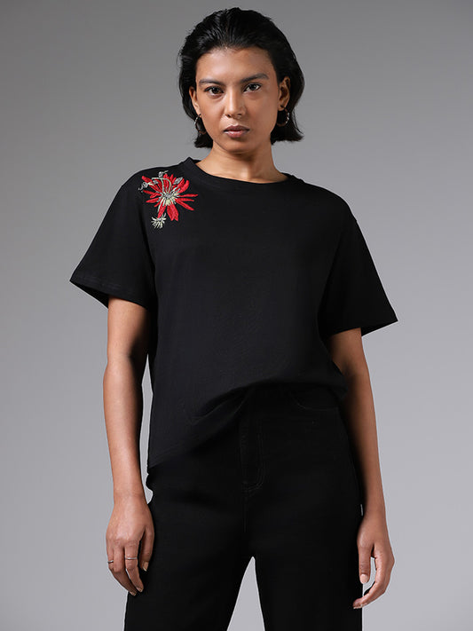 LOV Floral Embroidered Black Cotton T-Shirt