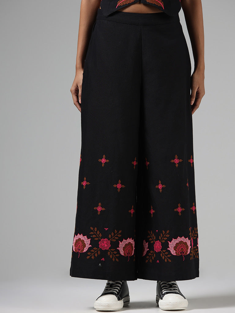 Bombay Paisley Floral Embroidered Black Blended Linen Palazzos