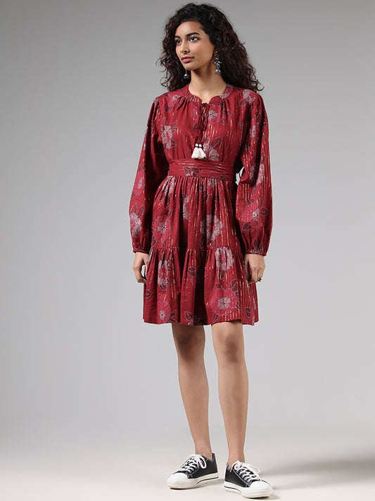 Bombay Paisley Maroon Floral Printed Tiered Dress