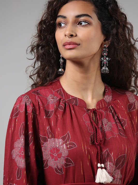 Bombay Paisley Maroon Floral Printed Tiered Dress