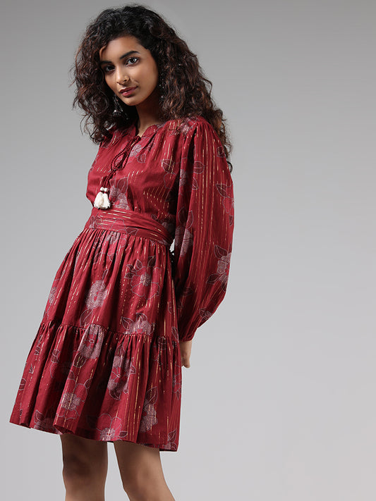 Bombay Paisley Maroon Floral Printed Tiered Dress
