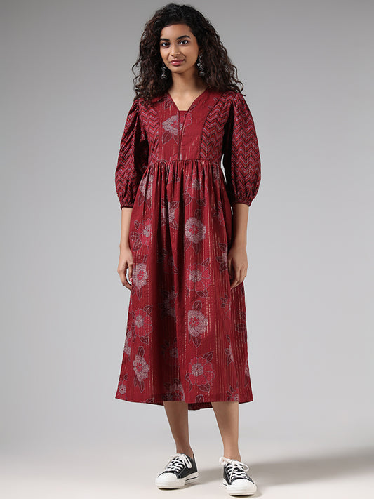 Bombay Paisley Maroon Floral Printed Tiered Dress