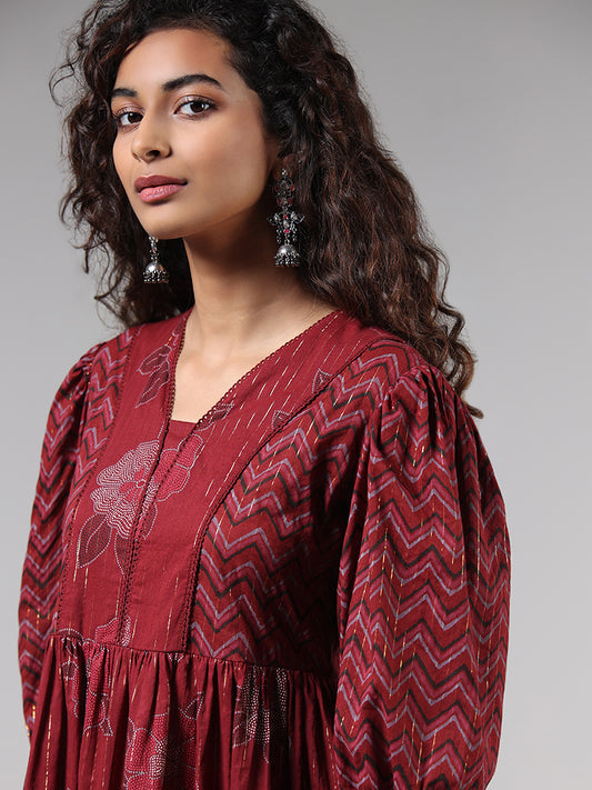 Bombay Paisley Maroon Floral Printed Tiered Dress