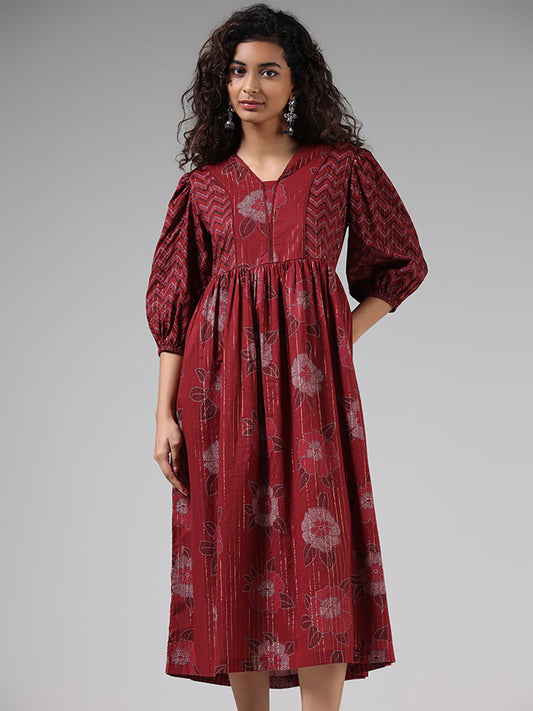 Bombay Paisley Maroon Floral Printed Tiered Dress