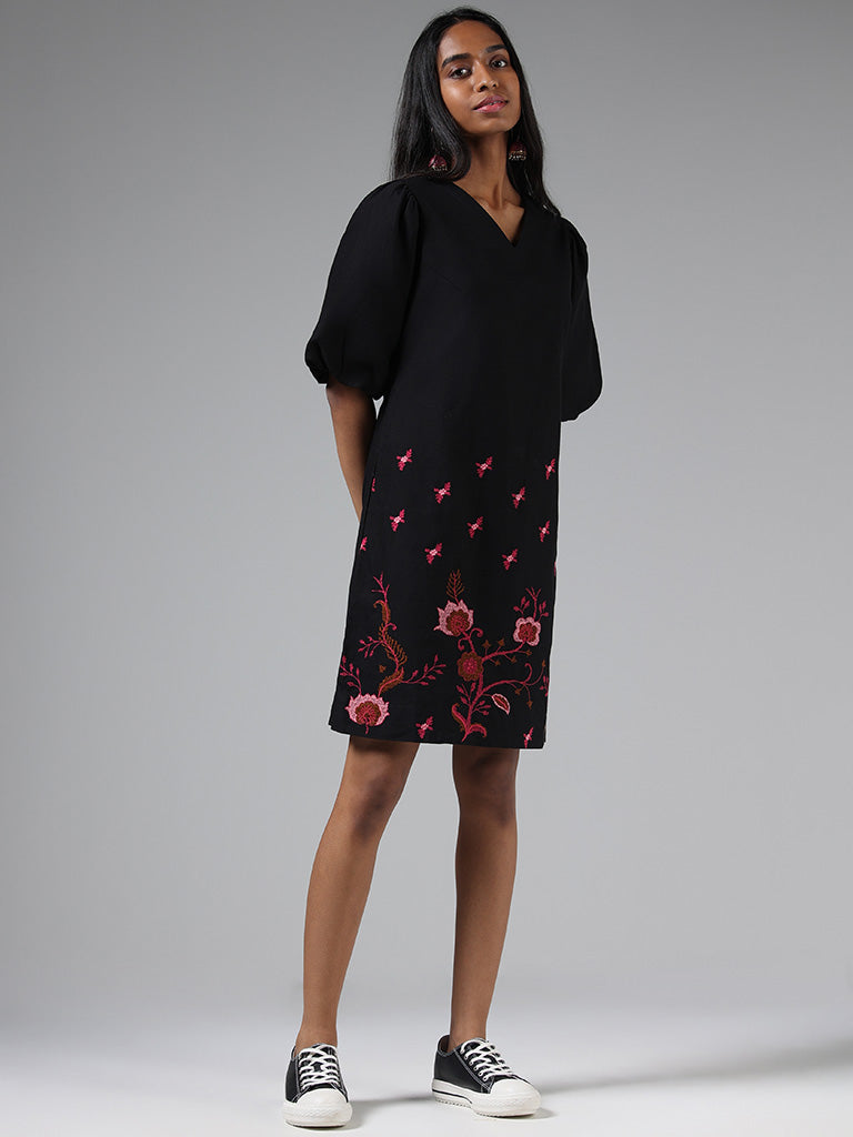 Bombay Paisley Black Floral Embroidered Blended Linen Shift Dress
