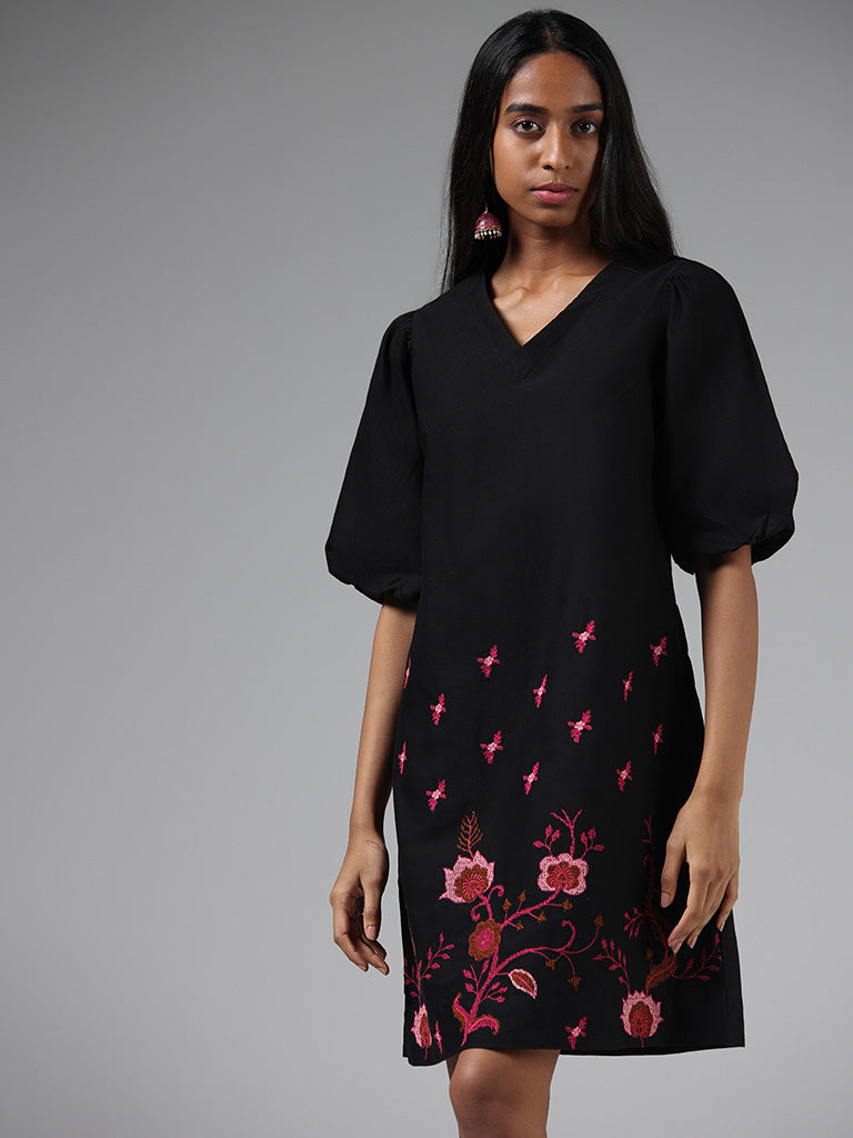 Bombay Paisley Black Floral Embroidered Blended Linen Shift Dress