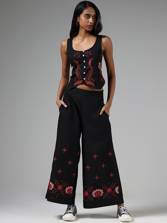 Bombay Paisley Motif Embroidered Black Top
