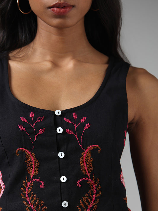Bombay Paisley Motif Embroidered Black Top