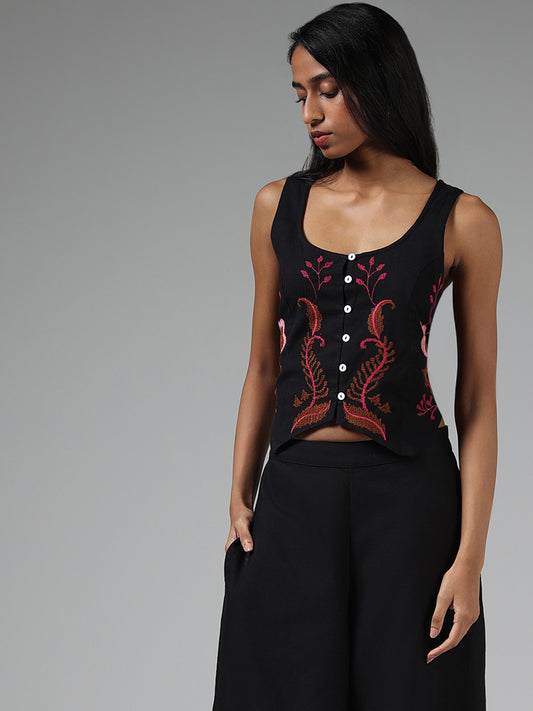 Bombay Paisley Motif Embroidered Black Top