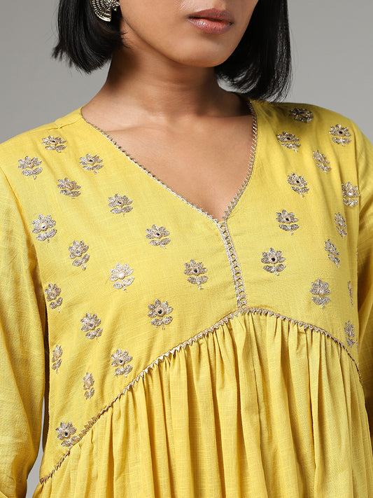 Utsa Lime Yellow Zari Embroidered Gathered Kurta
