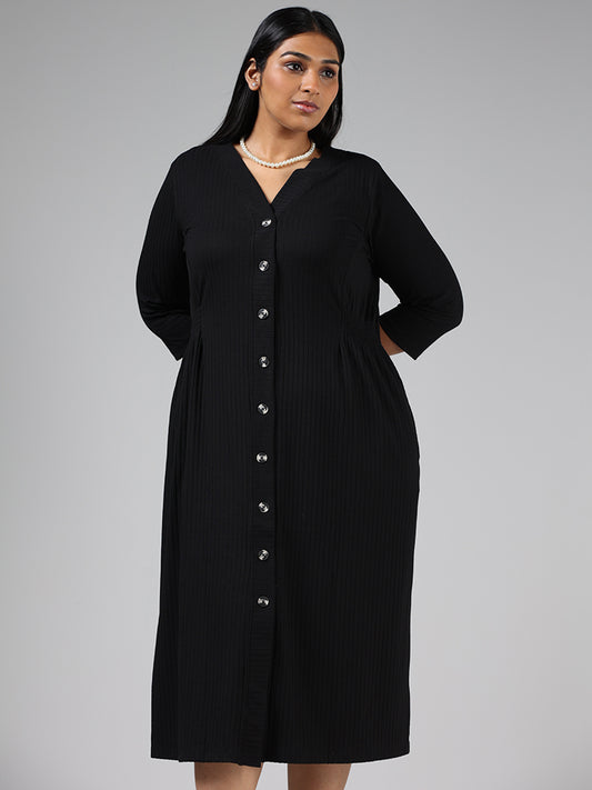 Gia Black Ribbed Buttoned-Down Midi Dress