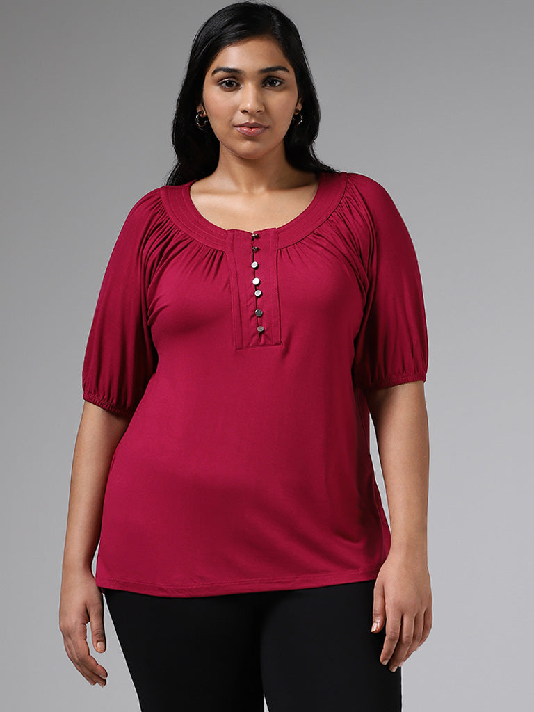 Gia Maroon Button Accent Pleated Top