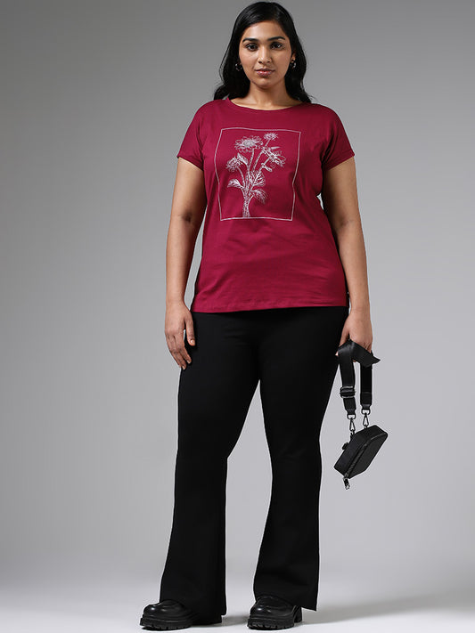 Gia Maroon Floral Printed Embellished T-Shirt