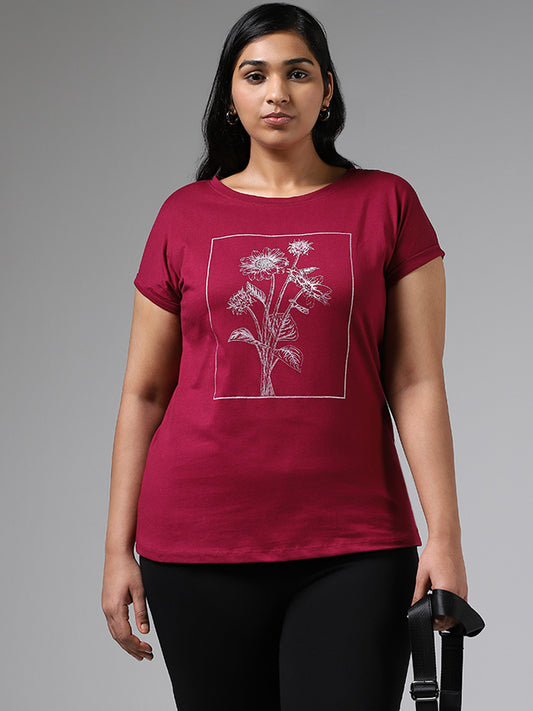 Gia Maroon Floral Printed Embellished Cotton T-Shirt