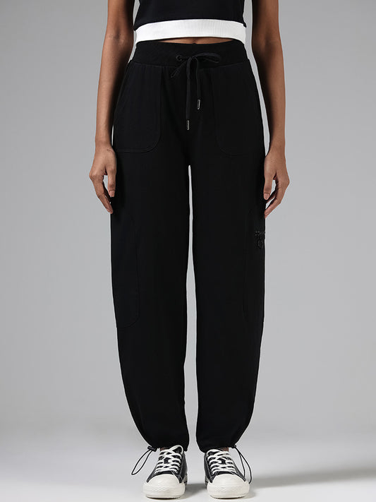 Studiofit Solid Black Cotton Relaxed-Fit Mid-Rise Adjustable Joggers