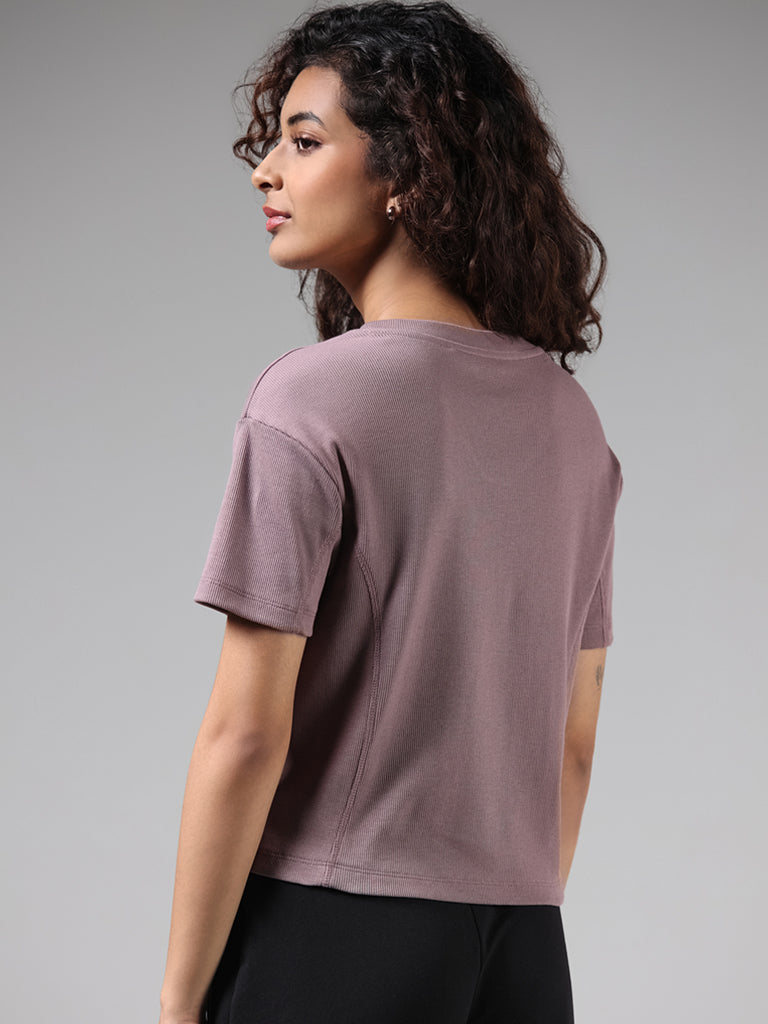 Studiofit Self Striped Light Purple Cotton Blend Ribbed T-Shirt