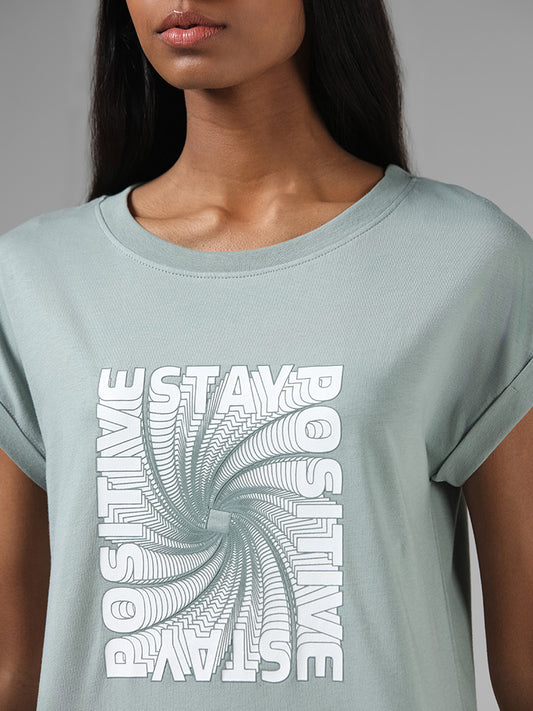 Studiofit Green Typographic Printed Cotton T-Shirt