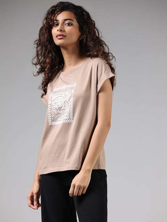 Studiofit Graphic Printed Beige T-Shirt