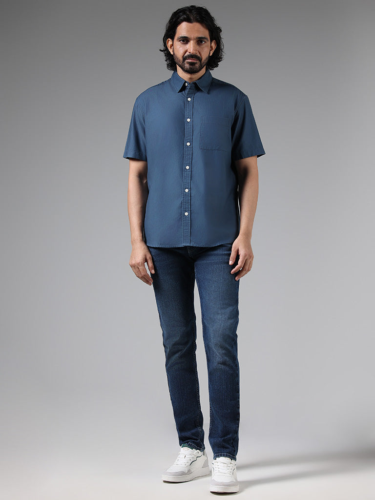 WES Casuals Solid Blue Relaxed Fit Shirt