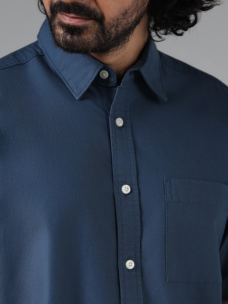 WES Casuals Solid Blue Cotton Blend Relaxed Fit Shirt
