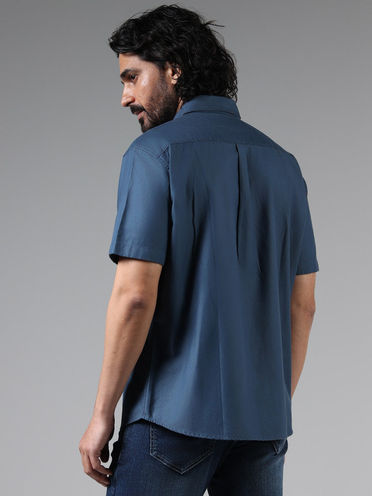 WES Casuals Solid Blue Cotton Blend Relaxed Fit Shirt