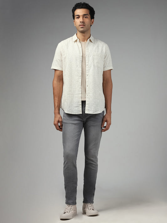 WES Casuals Beige Floral Printed Slim-Fit Blended Linen Shirt