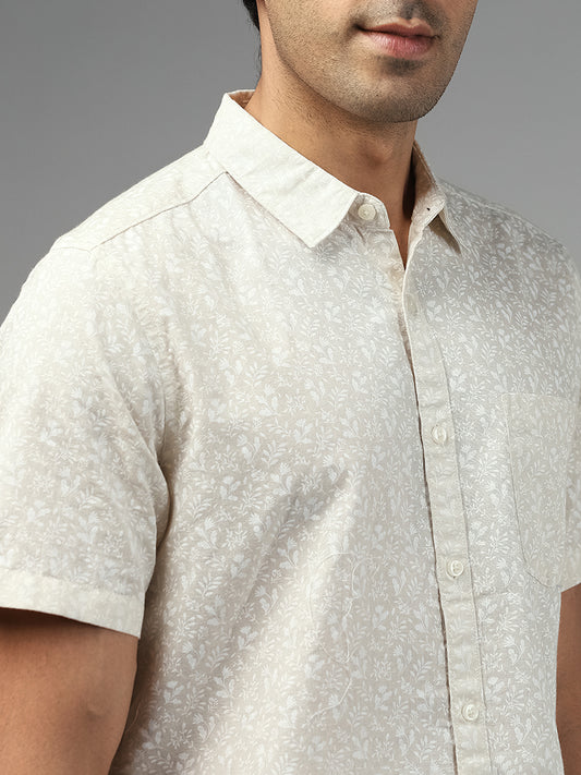 WES Casuals Beige Floral Printed Slim Fit Blended Linen Shirt