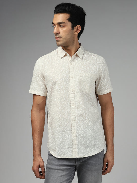 WES Casuals Beige Floral Printed Slim-Fit Blended Linen Shirt