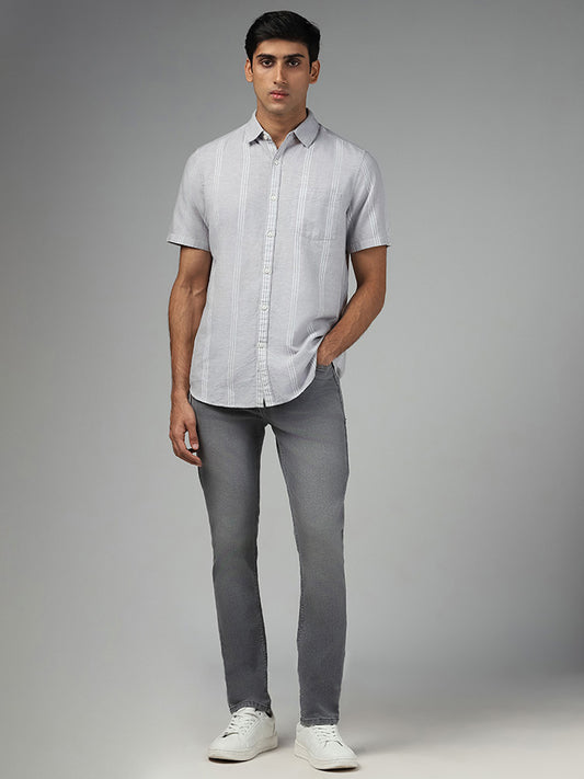 WES Casuals Light Grey Striped Slim-Fit Blended Linen Shirt