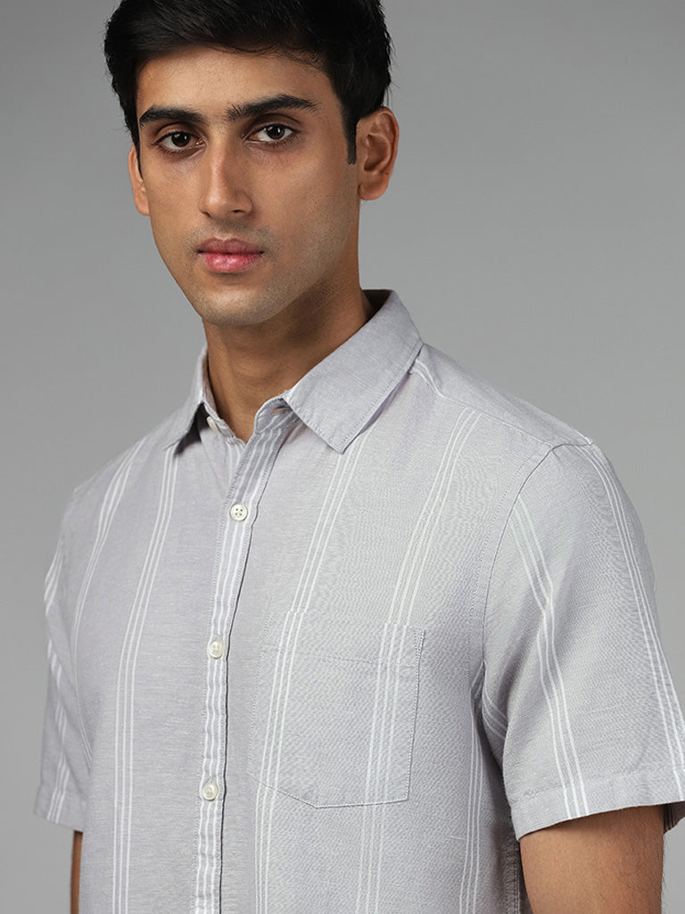 WES Casuals Light Grey Striped Slim Fit Shirt