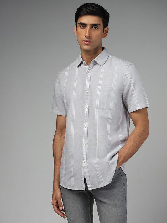 WES Casuals Light Grey Striped Slim Fit Blended Linen Shirt