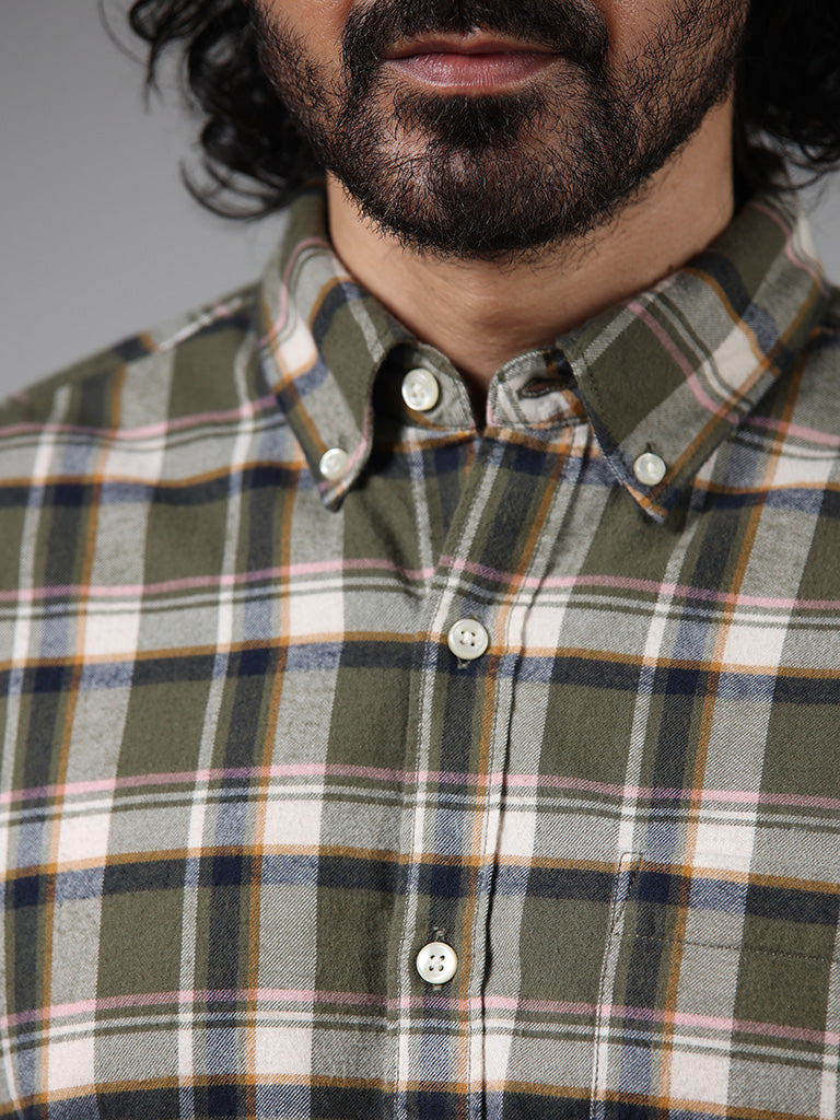 WES Casuals Olive Checked Cotton Relaxed Fit Shirt