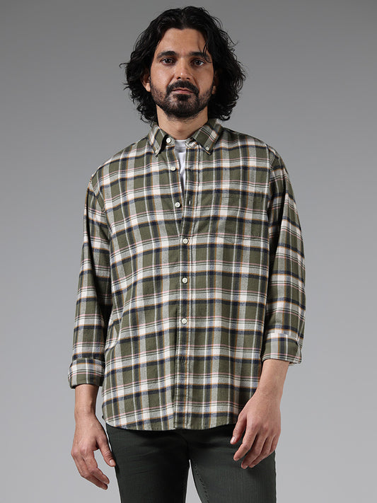 WES Casuals Olive Checked Relaxed Fit Shirt