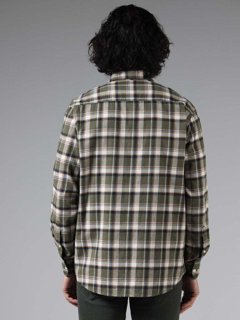 WES Casuals Olive Checked Relaxed Fit Shirt