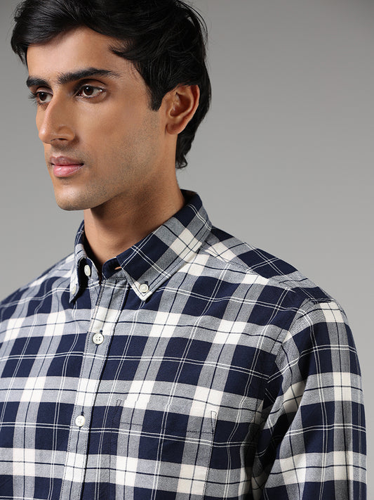 WES Casuals Navy Blue Plaid Checked Cotton Relaxed Fit Shirt