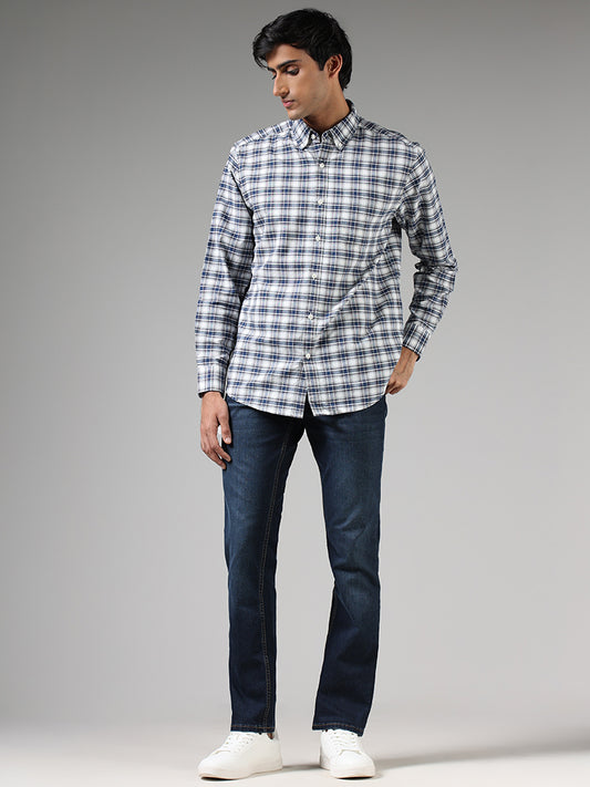 WES Casuals Blue Plaid Checked Cotton Relaxed Fit Shirt