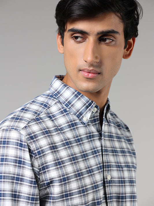 WES Casuals Blue Plaid Checked Cotton Relaxed Fit Shirt