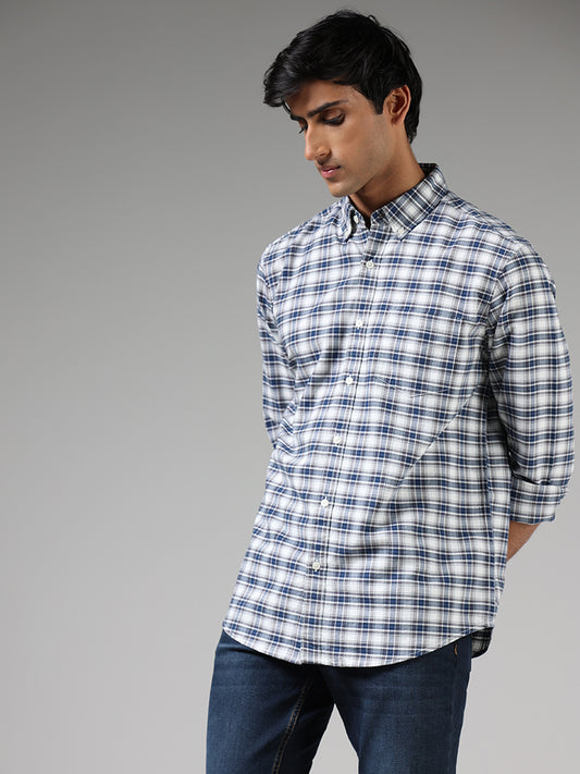 WES Casuals Blue Plaid Checked Relaxed Fit Shirt