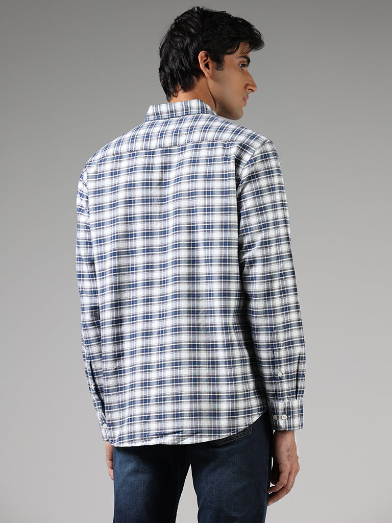 WES Casuals Blue Plaid Checked Relaxed Fit Shirt