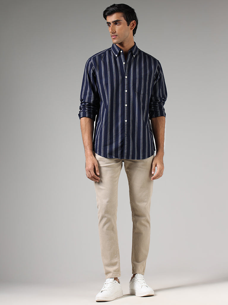 WES Casuals Navy Blue Striped Relaxed Fit Shirt