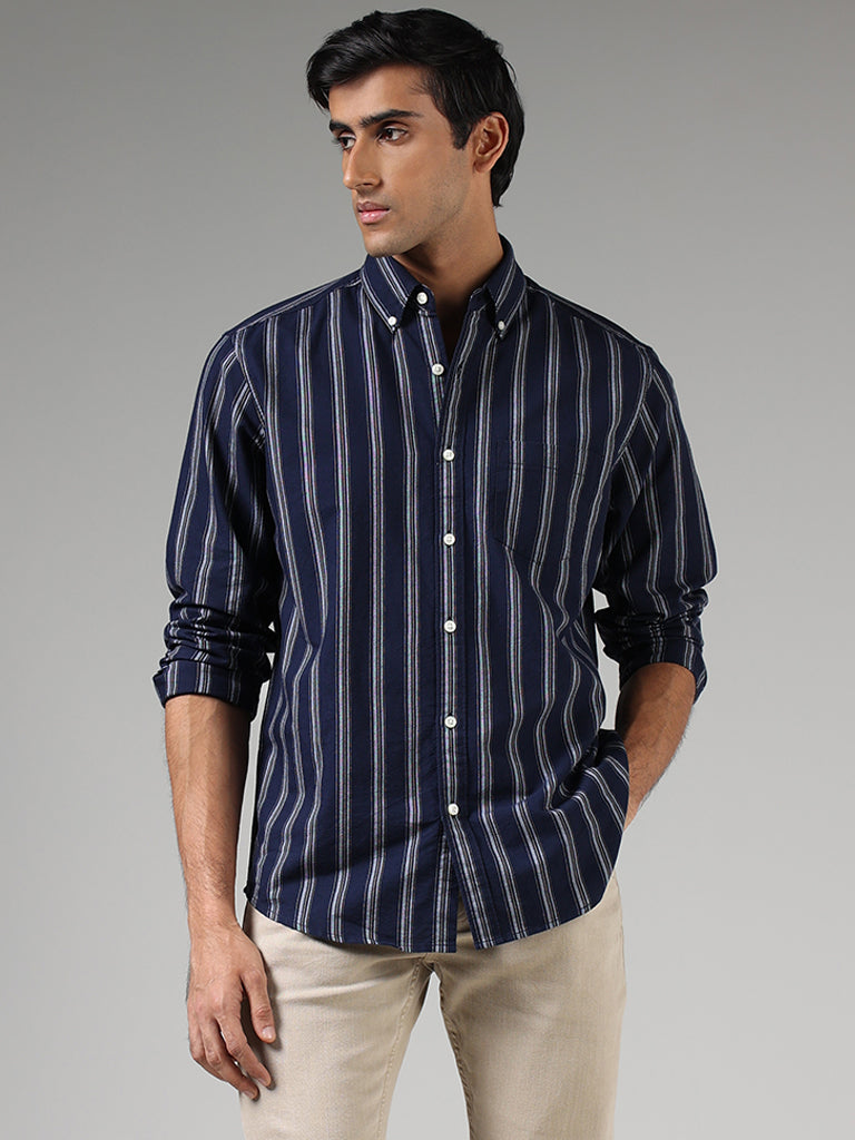 WES Casuals Navy Blue Striped Relaxed Fit Shirt